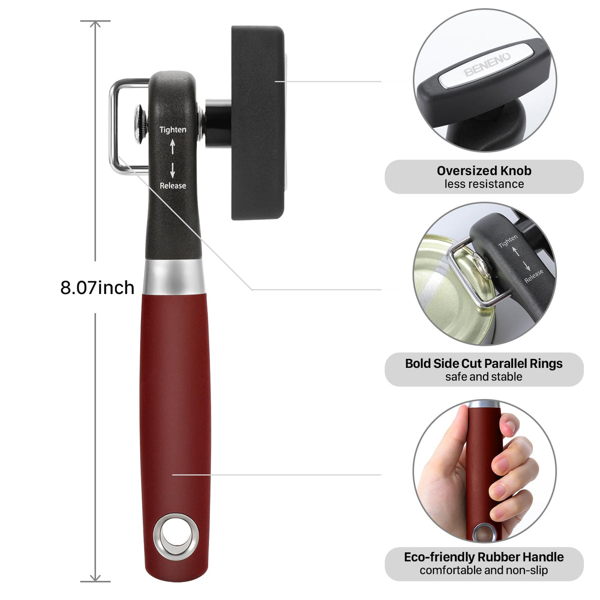 Beneno can opener with DC53 blade delivering sharp, durable cuts over time.
