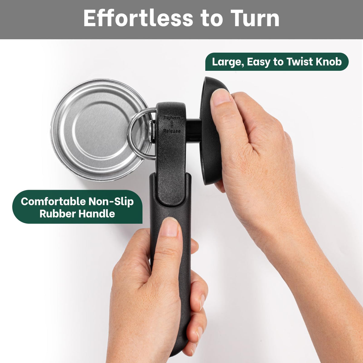 Beneno can opener features an easy-turn knob for reduced hand effort.