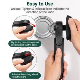 Beneno can opener has a hidden cutting mechanism for safe handling.
