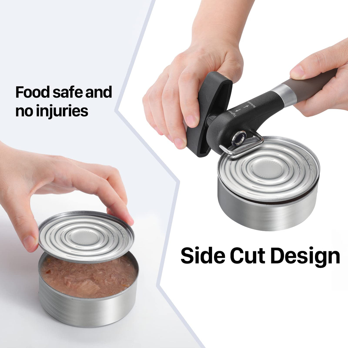 Beneno can opener knob control shows easy direction for tightening and loosening.