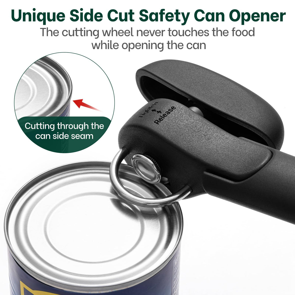 Beneno can opener with non-slip handle provides comfortable control.
