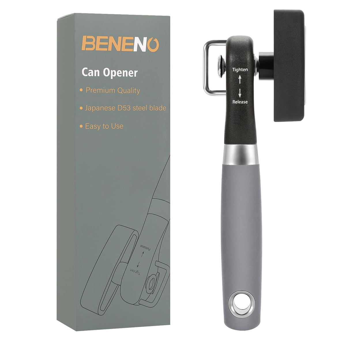 Beneno can opener side-cut blade delivers burr-free lid cuts