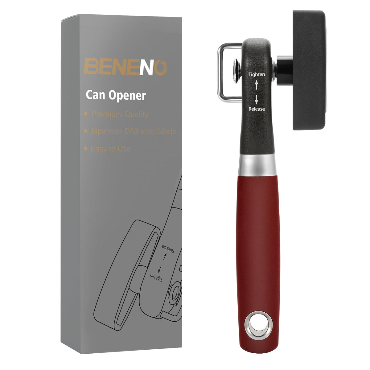 Beneno can opener side-edge red for safe, burr-free lid cutting in the kitchen.