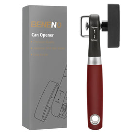 Beneno can opener side-edge red for safe, burr-free lid cutting in the kitchen.