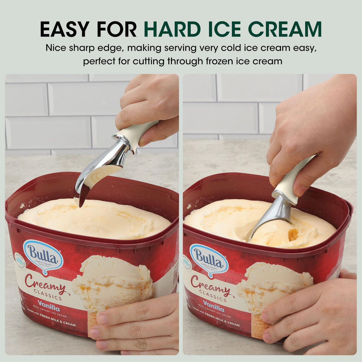 Beneno ergonomic grip with soft rubber aids steady scooping.