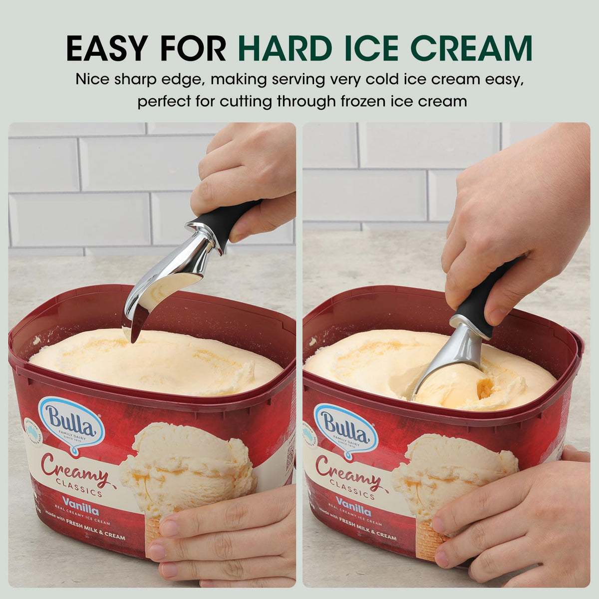 Beneno extended-handle ergonomic grip demonstrates reduced wrist strain during scooping