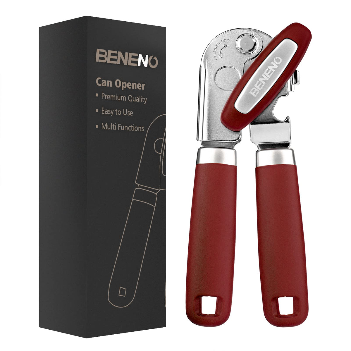 Beneno heavy duty can opener with magnet for safe lid lifting.