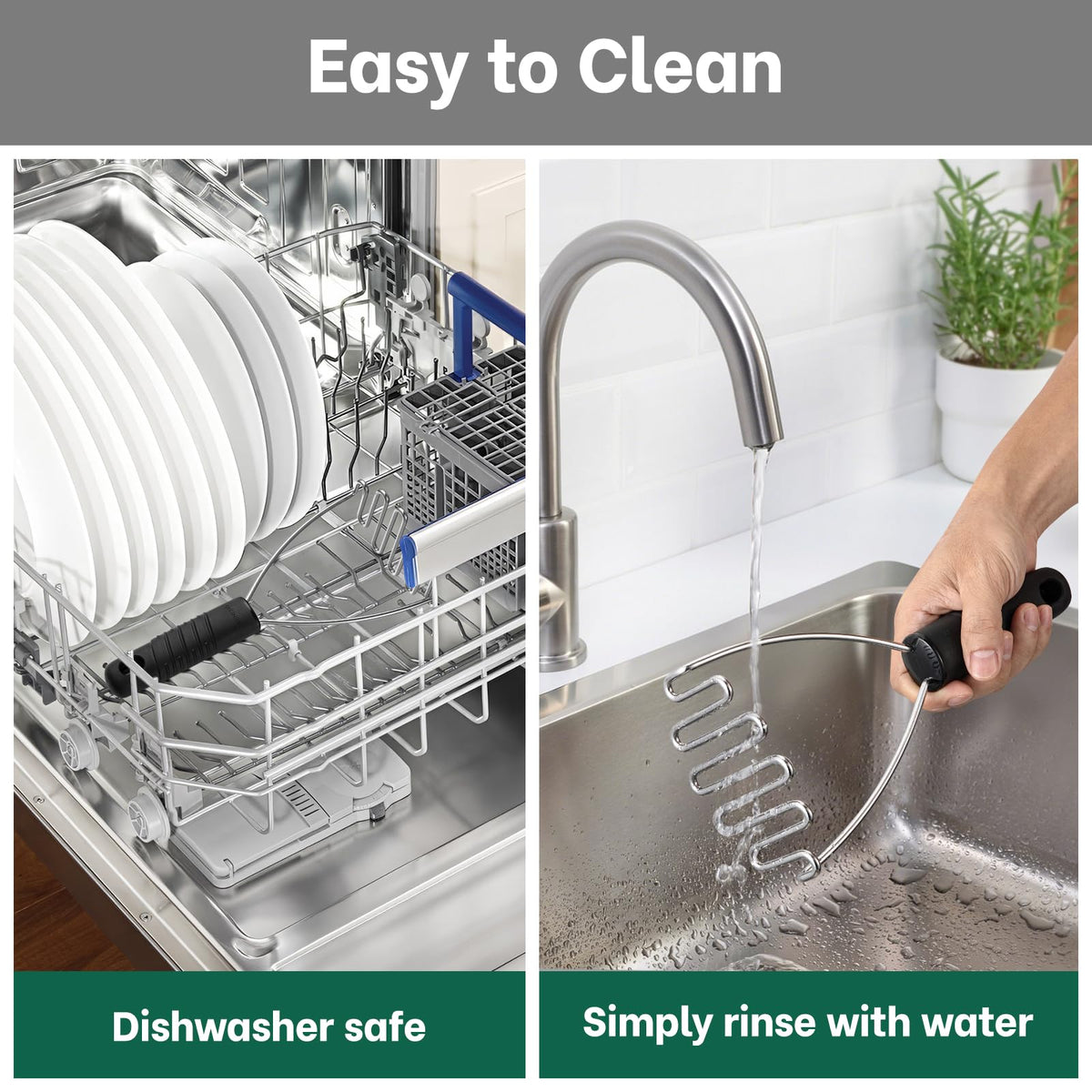 Built-in hook for storage on the Beneno masher keeps the kitchen organized