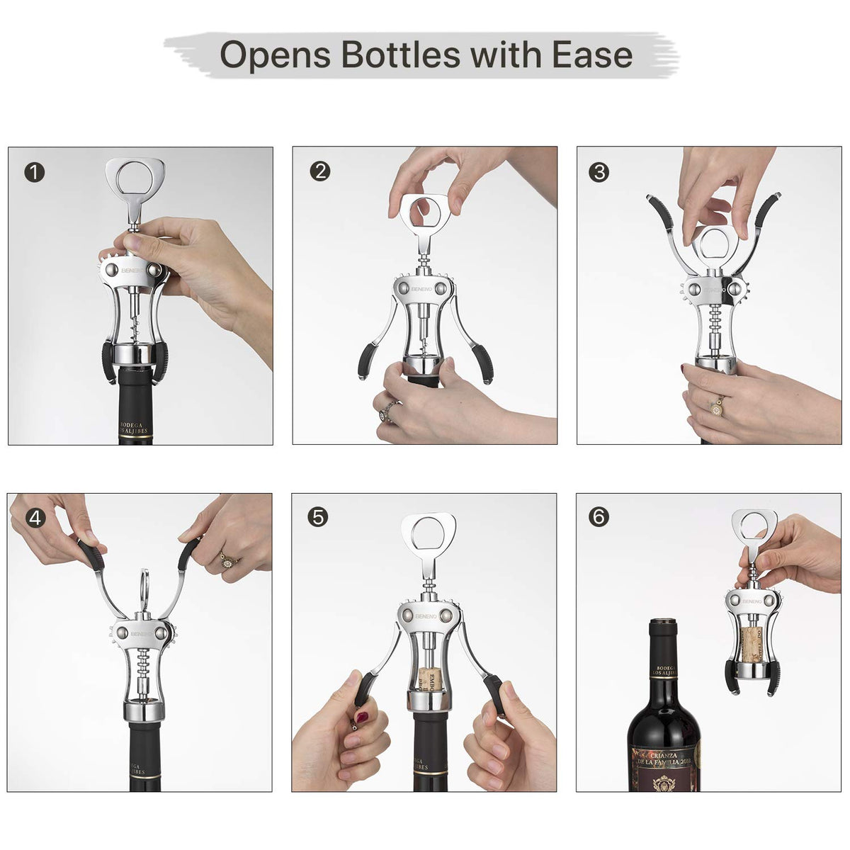 Beneno multifunctional bottle opener handles caps and corks for versatility.