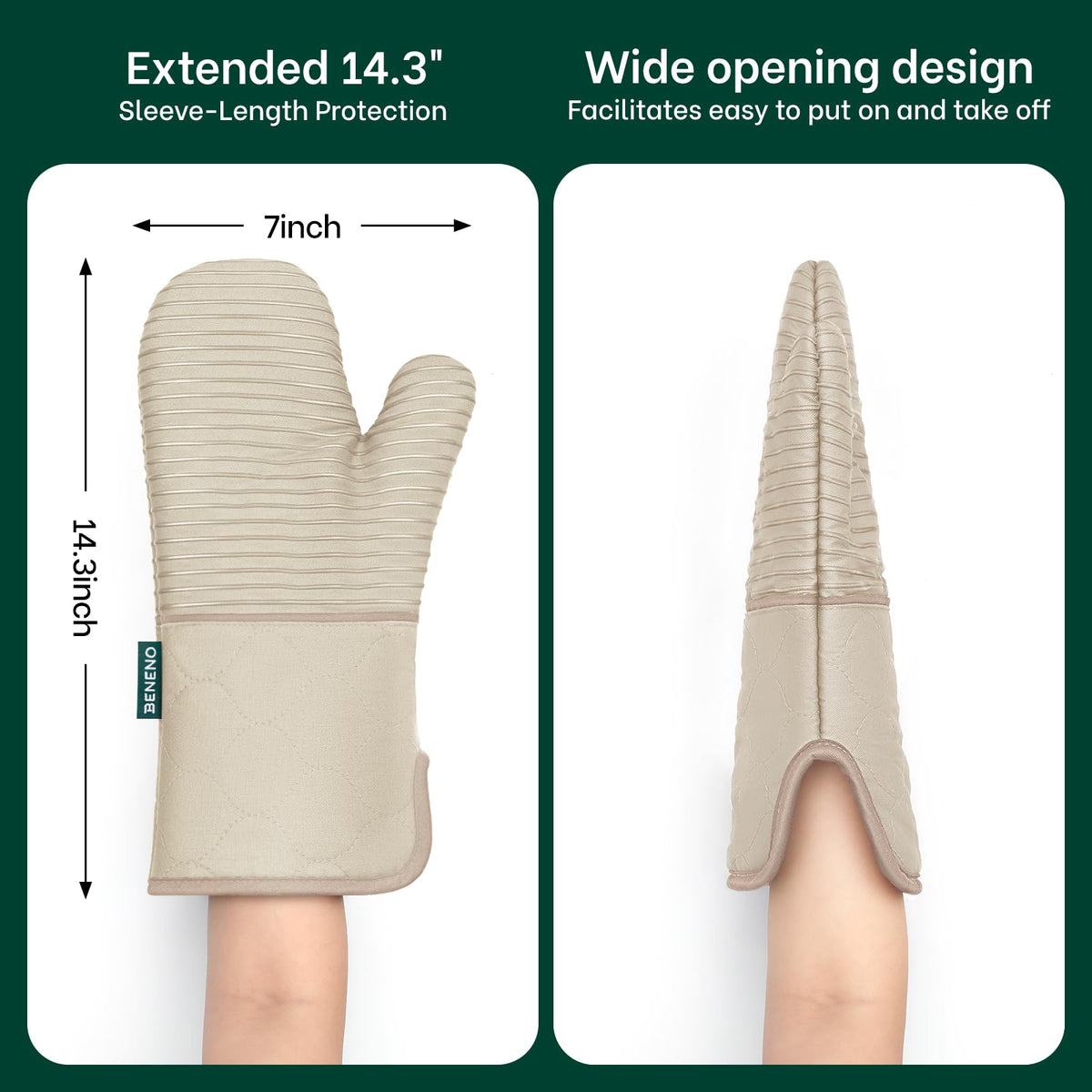 Beneno oven mitts are machine washable for easy maintenance