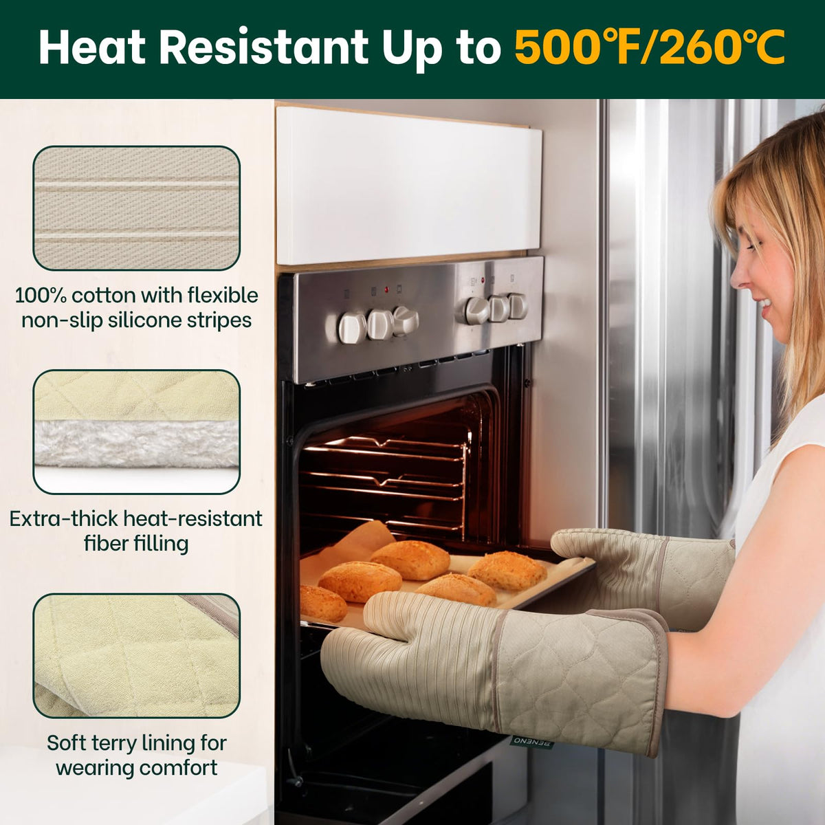 Beneno oven mitts with non-slip silicone grip for secure handling