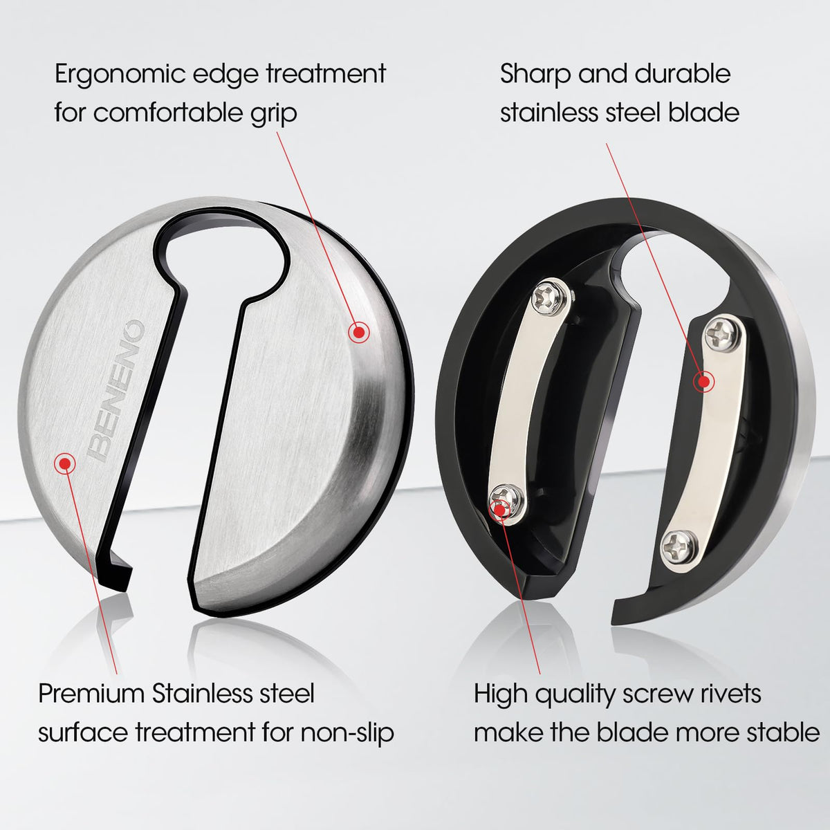 Beneno stainless steel foil cutter ready to trim foil with a wrist rotation.