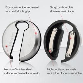 Beneno stainless steel foil cutter ready to trim foil with a wrist rotation.