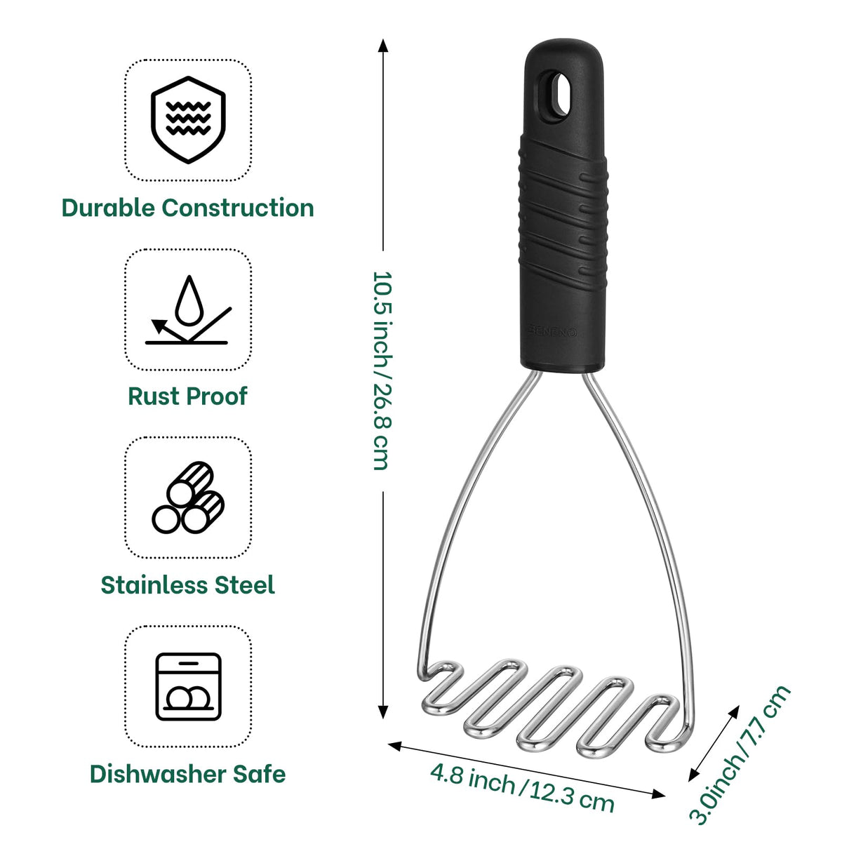 Beneno stainless steel masher head provides sturdy support for smooth texture