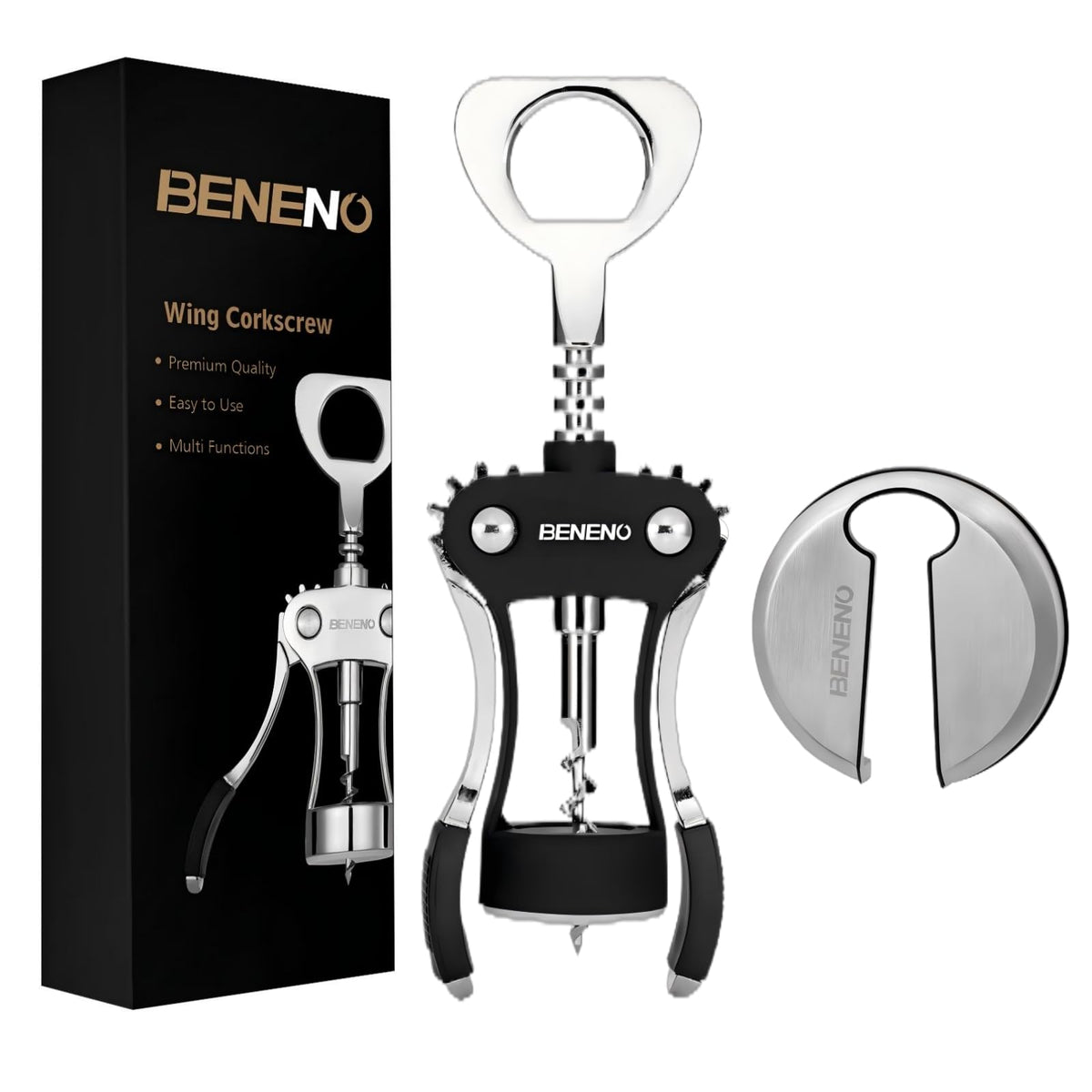 Beneno wine opener in midnight black beside a bottle for smooth cork removal.