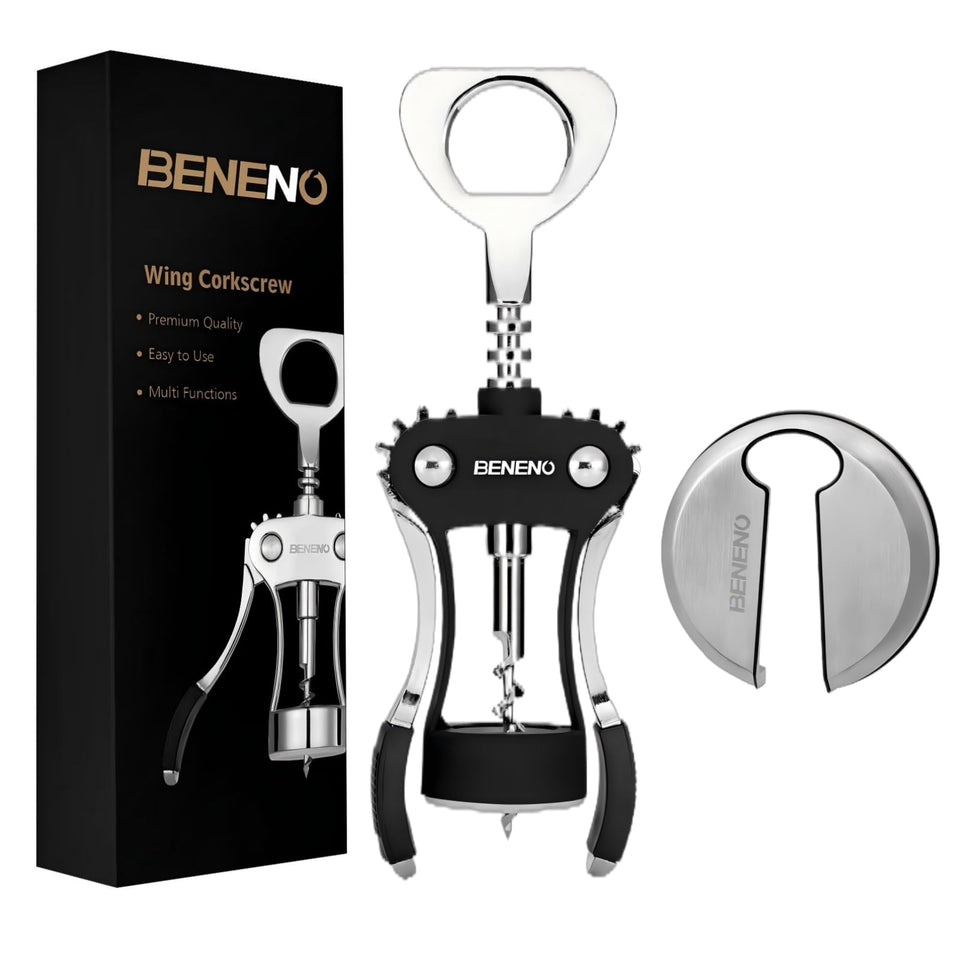 Beneno wine opener in midnight black beside a bottle for smooth cork removal.
