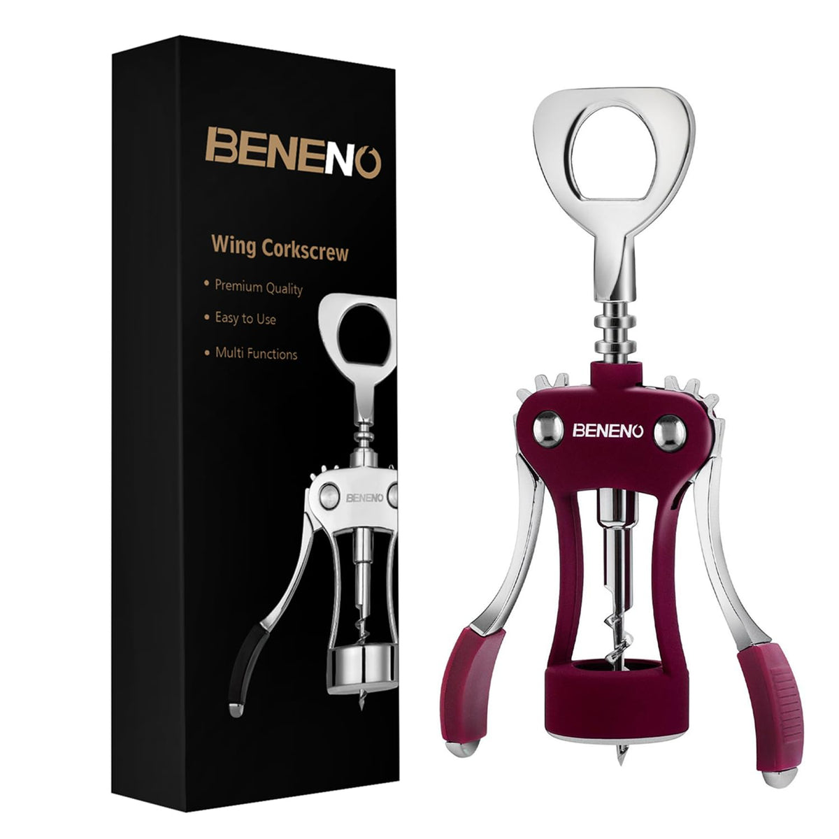 Beneno wine opener premium zinc wing corkscrew in action showing easy cork removal