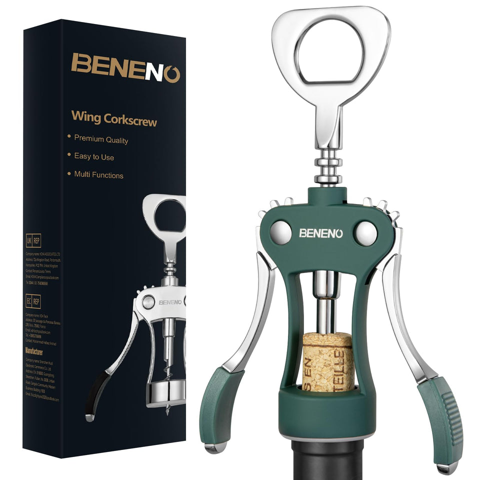 Beneno wine opener wing corkscrew demonstrates balanced leverage for easy cork extraction.