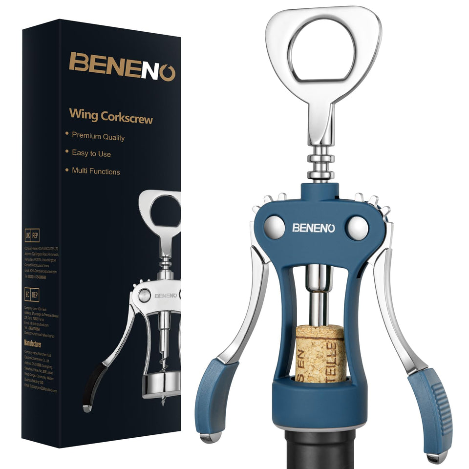 Beneno wing corkscrew blue angle view with ergonomic grip for easy cork removal