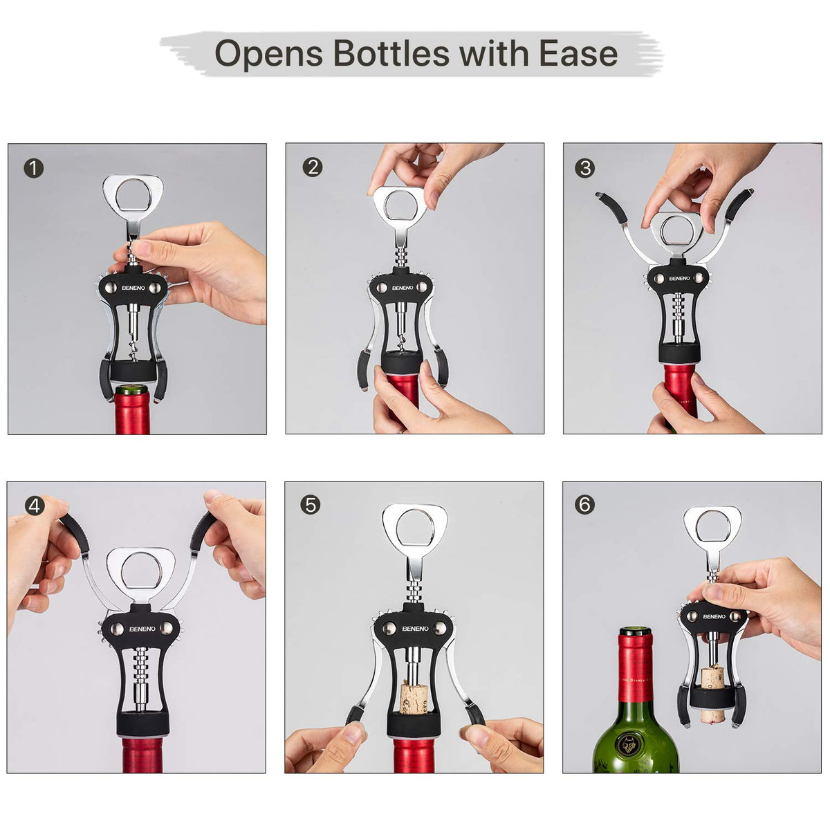Beneno wings fully opened demonstrate easy cork extraction.