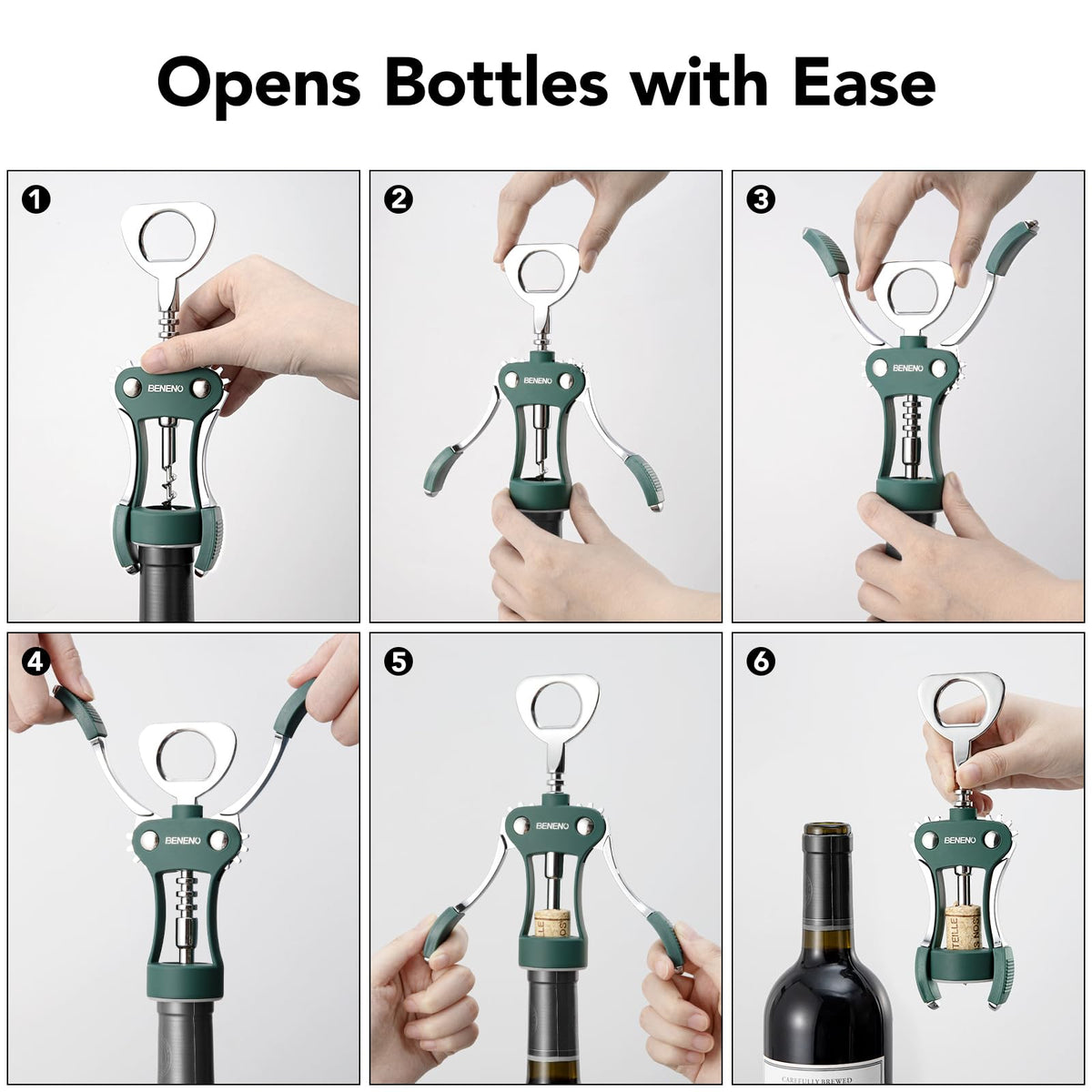 Beneno sharp-edged screw helps prevent cork crumbling during removal.