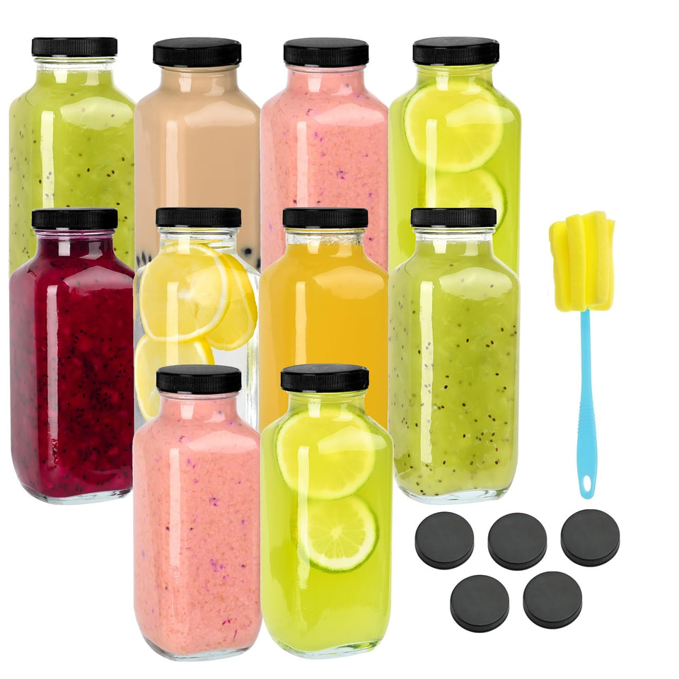 Benestanti 10-pack 16oz glass juice bottles bundle ready for juicing.