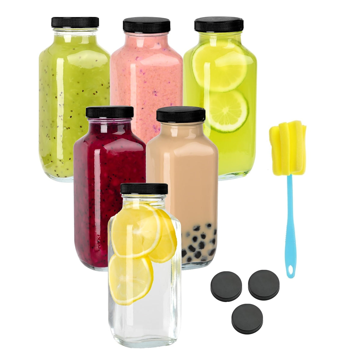 Benestanti 16 oz glass bottle with airtight lid for secure juice storage.