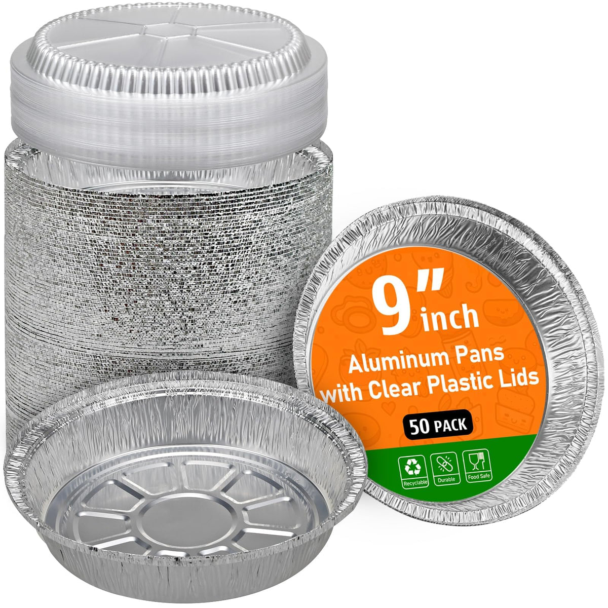Benestanti 50-pack 9-inch round aluminum pans with lids for easy storage and serving.