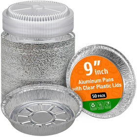 Benestanti 50-pack 9-inch round aluminum pans with lids for easy storage and serving.