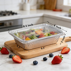 Benestanti aluminum pans with lids showing 2.25 lb capacity for portioning.