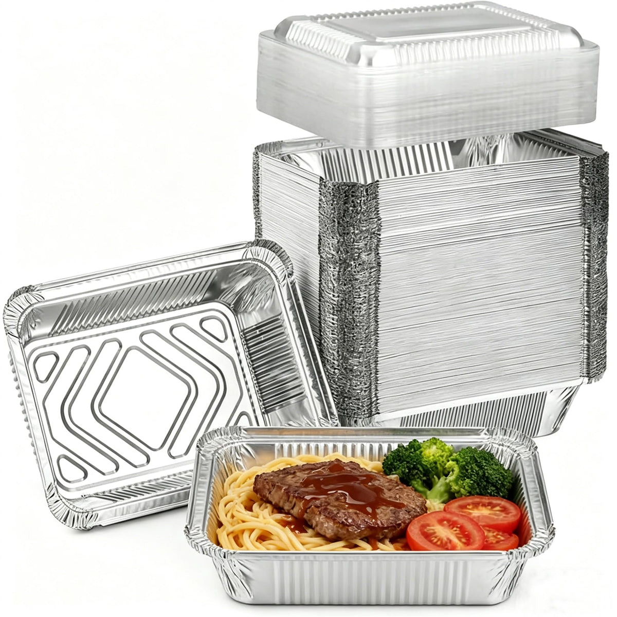 Benestanti aluminum pans with lids top view for easy storage and prep.