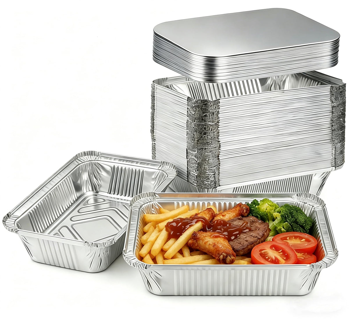 Benestanti aluminum pans with lids, 60-pack, 8.5x6 inches, ideal for meal prep.