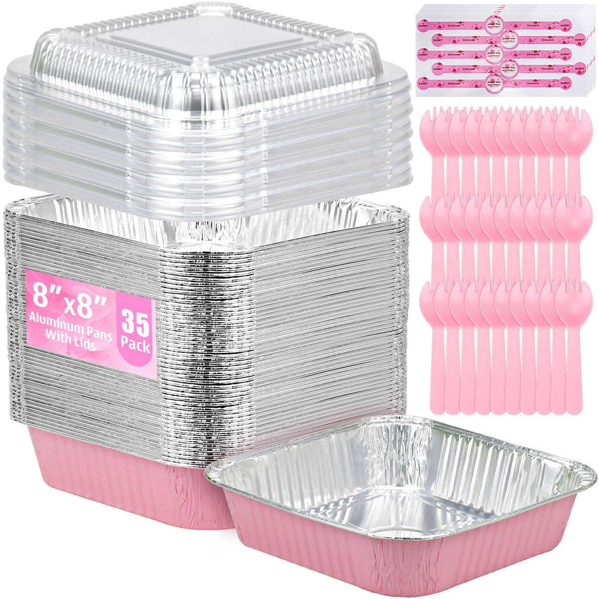 Benestanti pink 8x8 aluminum pan with lid, ideal for party servings and easy transport.