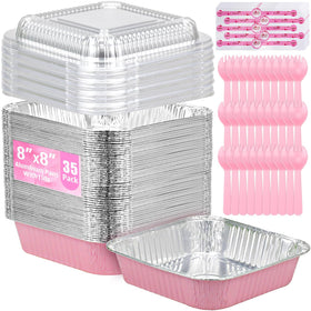 Benestanti pink 8x8 aluminum pan with lid, ideal for party servings and easy transport.