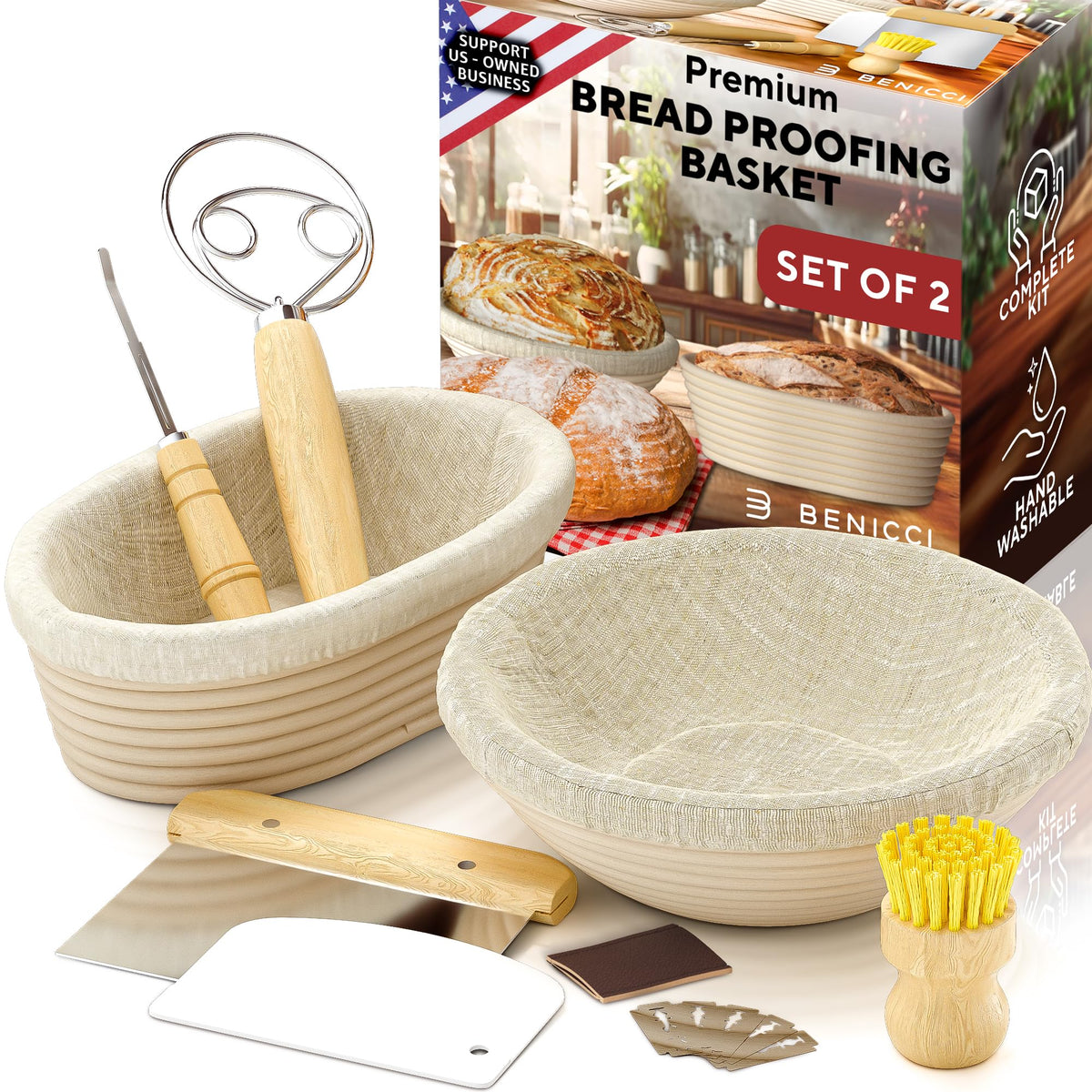 Benicci Banneton 9-inch round basket, natural rattan promotes even dough rise.
