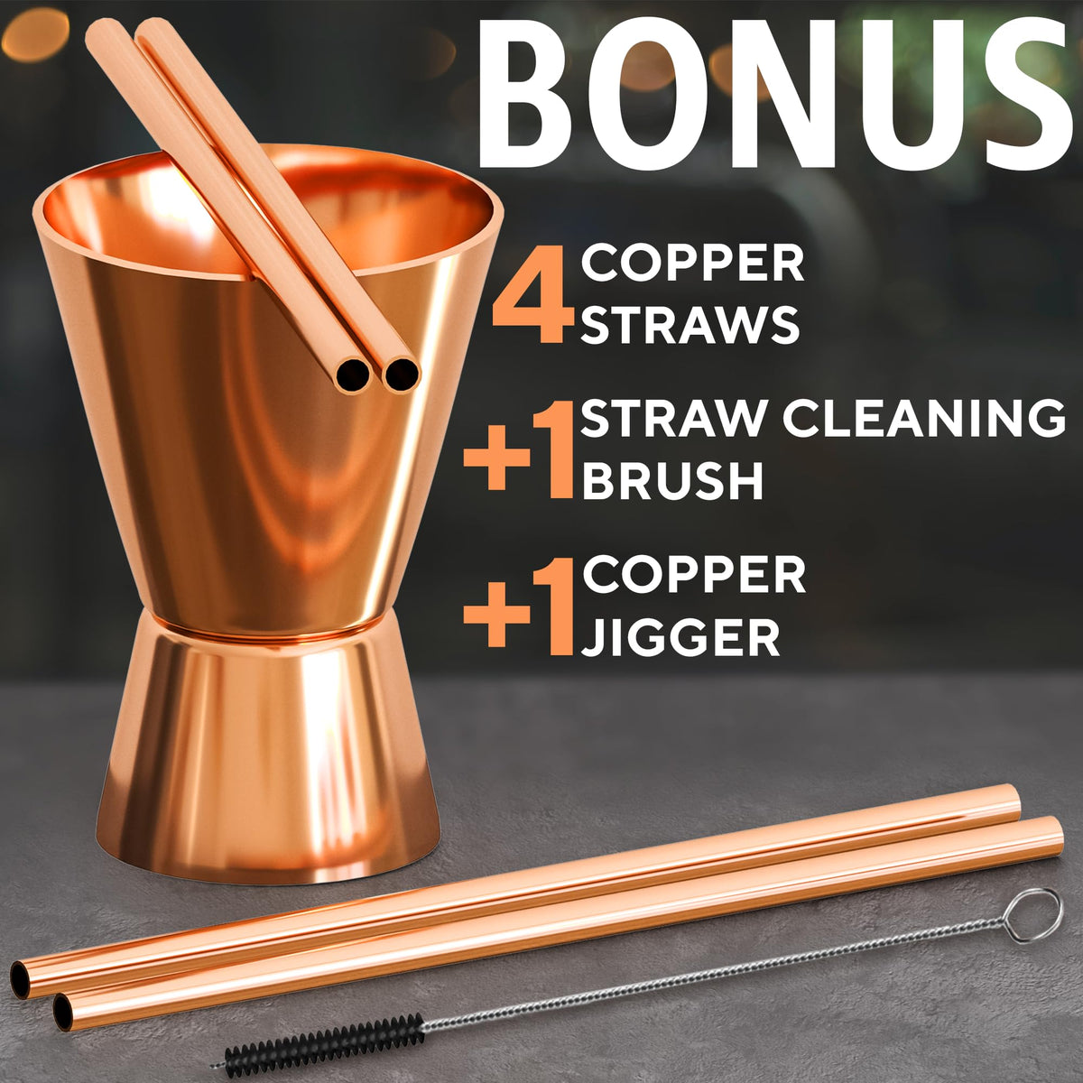 Benicci copper straws complement mugs for a complete serving kit.