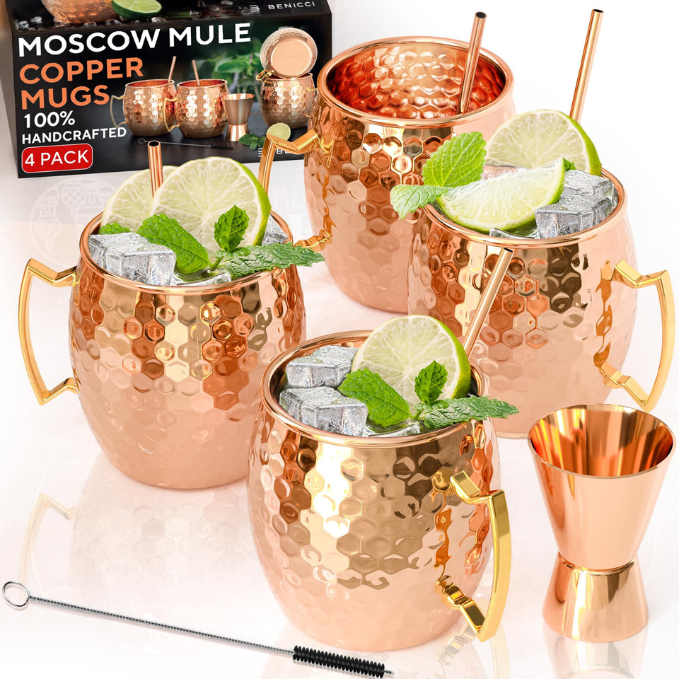 Benicci Moscow Mule copper mug set of four ideal for cocktails and gatherings.