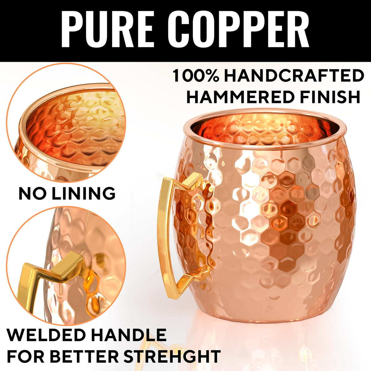 Benicci copper mugs closeup highlighting handcrafted artistry and durable pure copper construction.