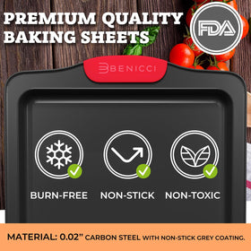 Benicci trio of baking sheets shown ready for oven use up to 450°F.