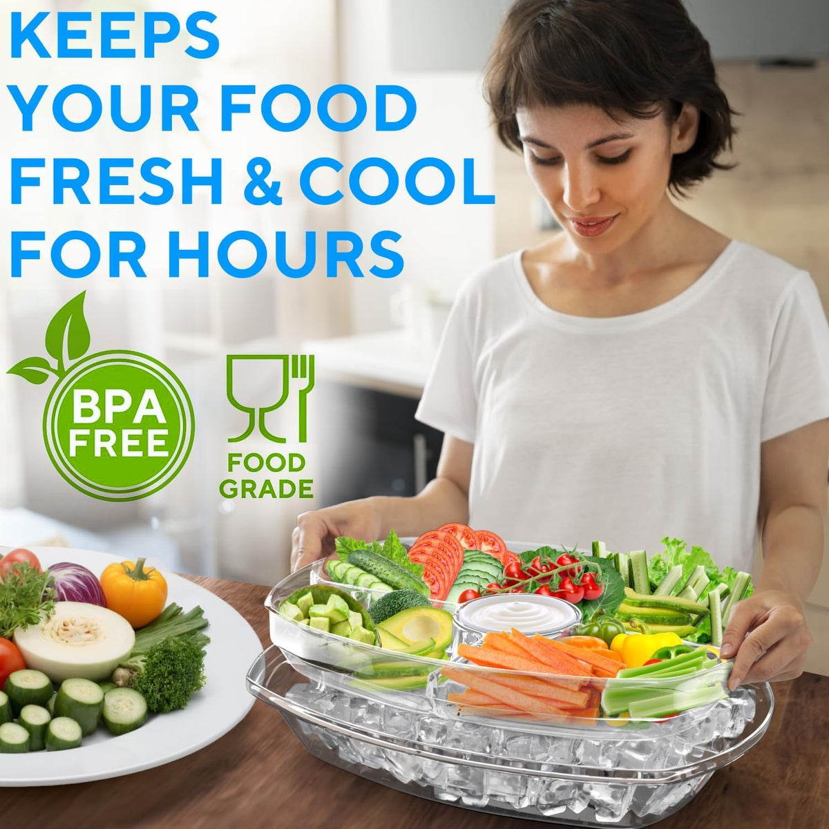 Benicci chilled tray with dip holder for dressings and sauces at parties