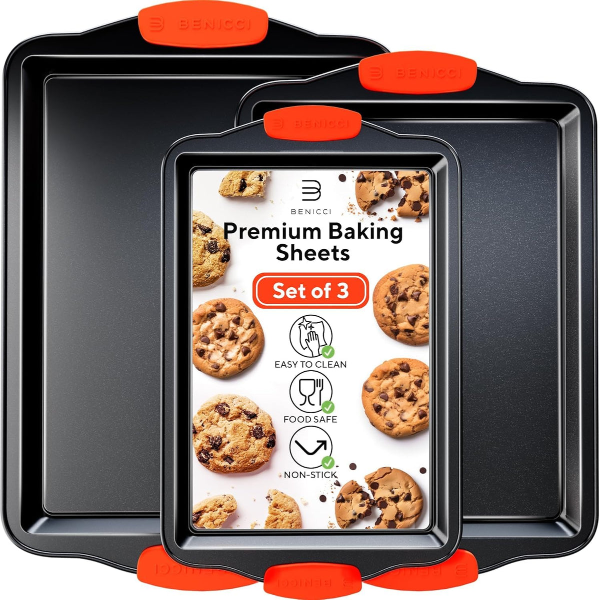 Benicci premium non-stick baking sheet set with three sizes for versatile baking.