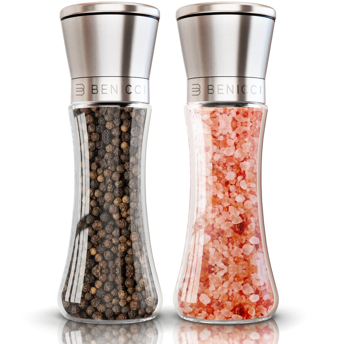 Benicci premium salt pepper set with glass bottle shown on a dining table.
