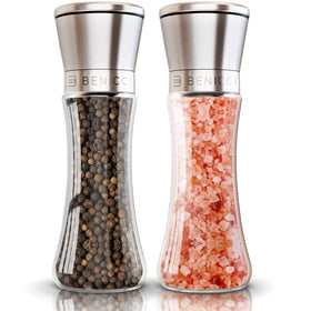 Benicci premium salt pepper set with glass bottle shown on a dining table.
