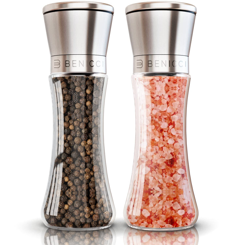 Benicci premium salt pepper set with glass bottle shown on a dining table.