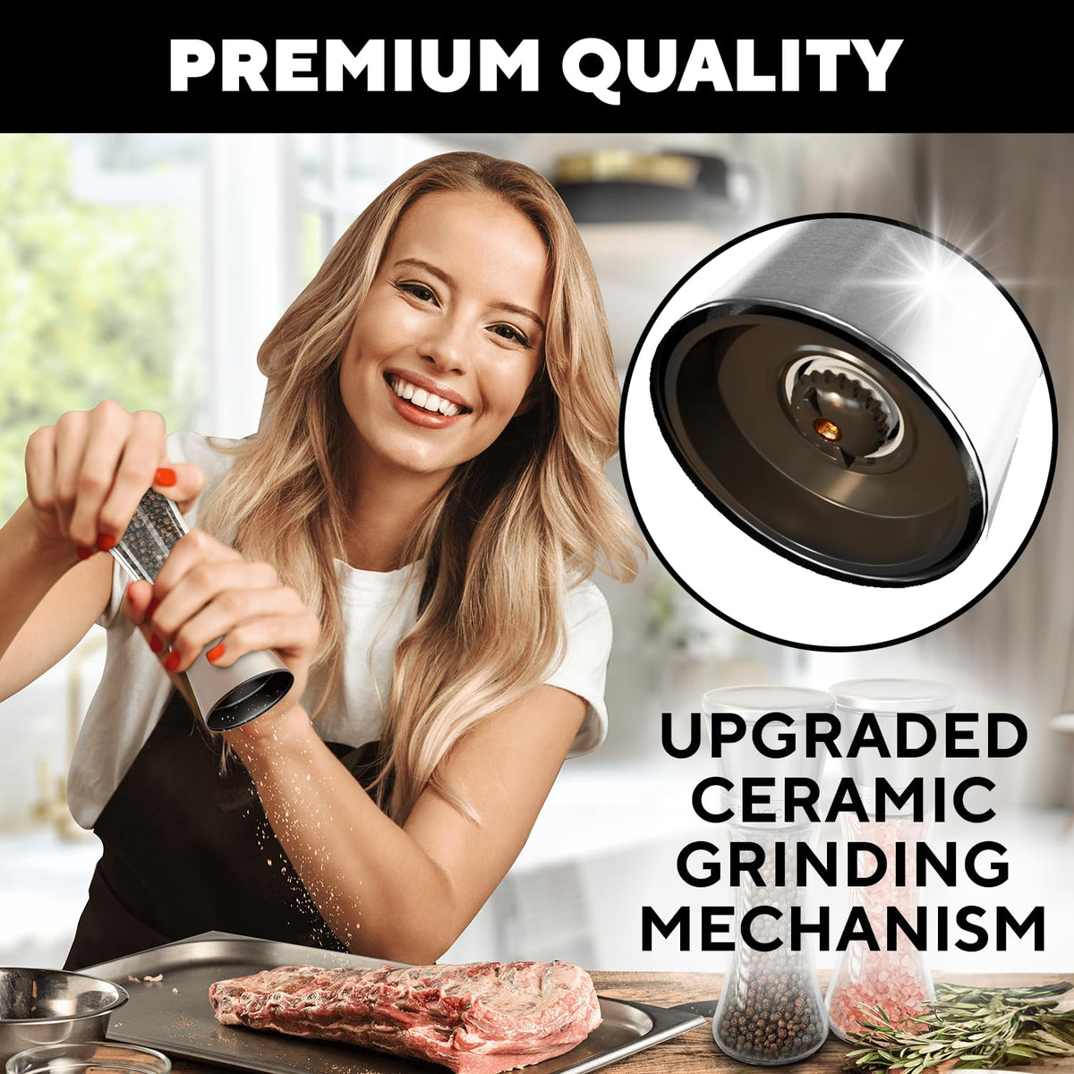 Benicci cleaning brush included for quick grinder maintenance.