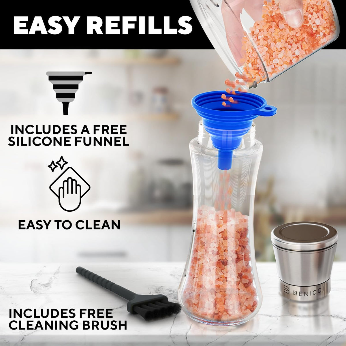 Benicci salt pepper set stainless cap removal for easy refilling.