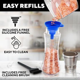 Benicci salt pepper set stainless cap removal for easy refilling.