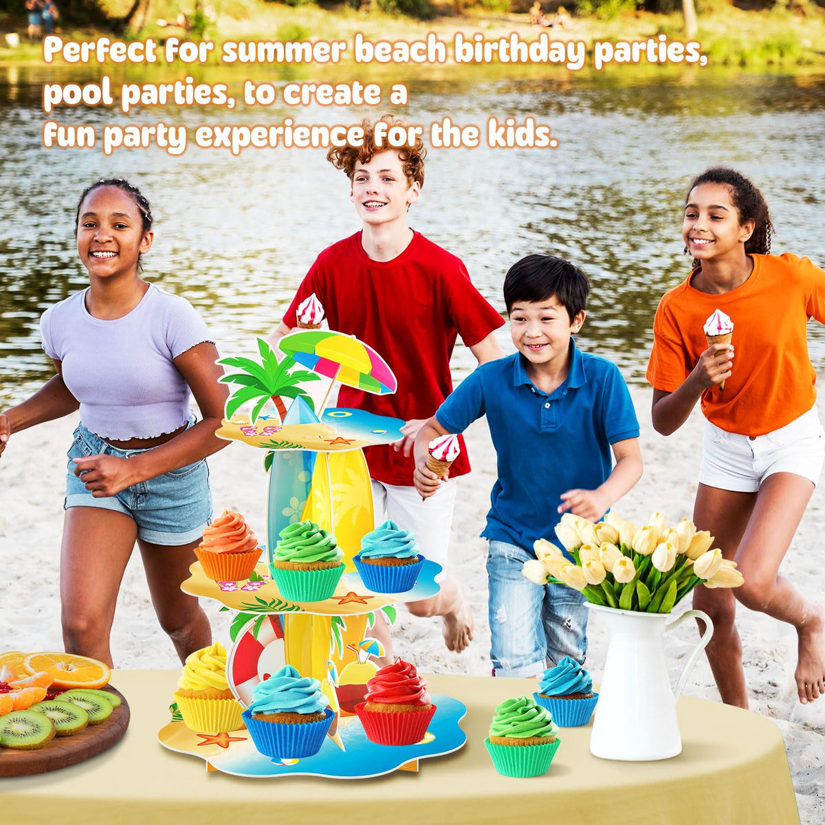 BenLouis summer baby shower cupcake stand adds tropical charm.