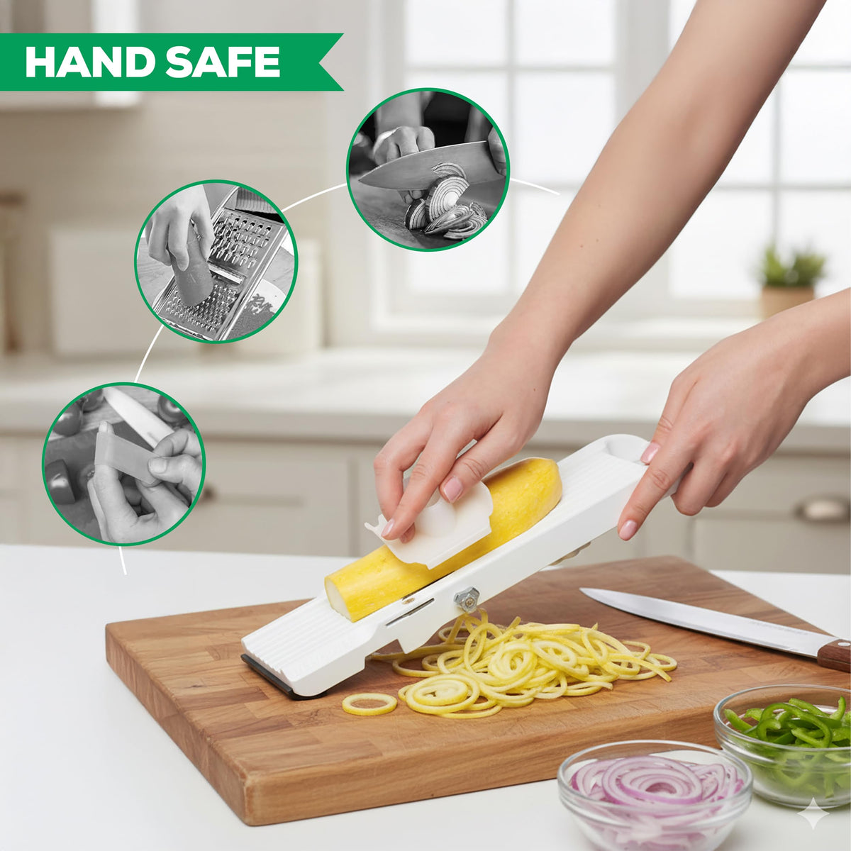Benriner bowl hooks guide slices into a bowl