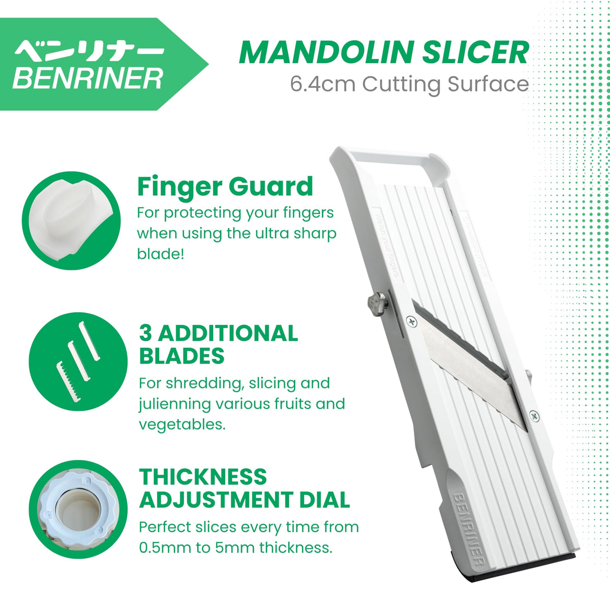 Molybdenum rust-resistant steel blade on Benriner maintains sharpness longer.
